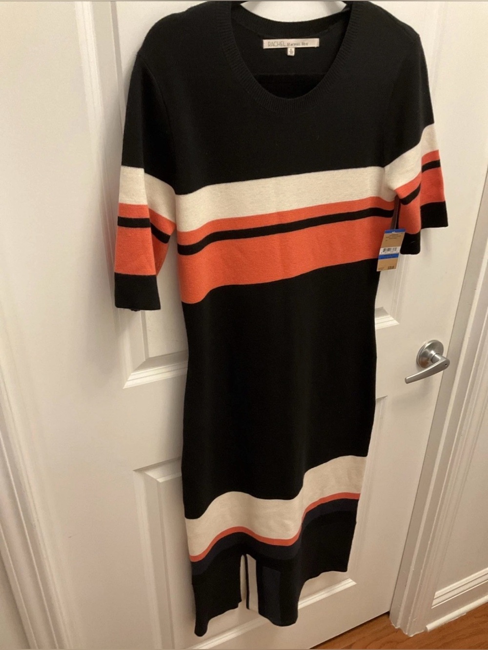 RACHEL Rachel Roy Black, Orange & Cream Striped Midi Knit Dress